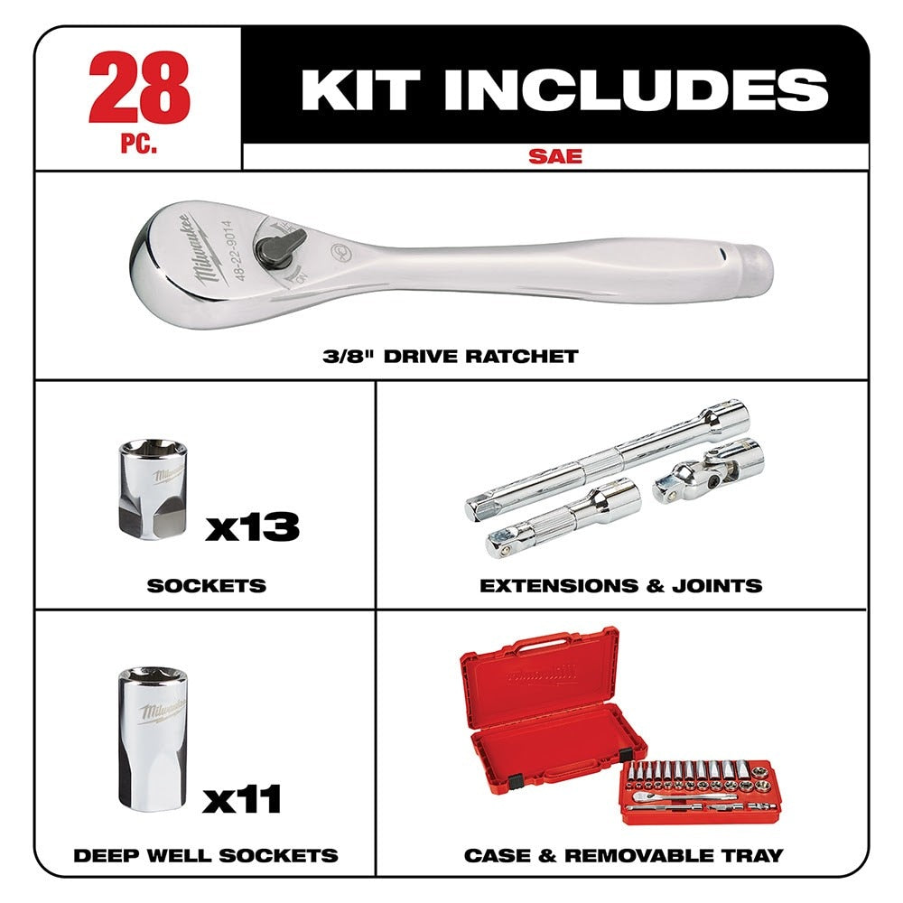 Milwaukee 48-22-9408 3/8" Drive 28 Piece Ratchet & Socket Set- SAE