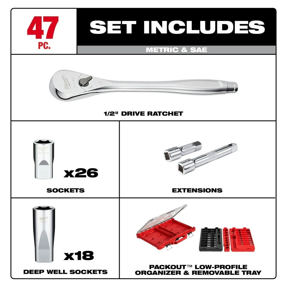 Milwaukee 48-22-9487 47PC 1/2" Drive Ratchet & Socket Set with PACKOUT Organizer