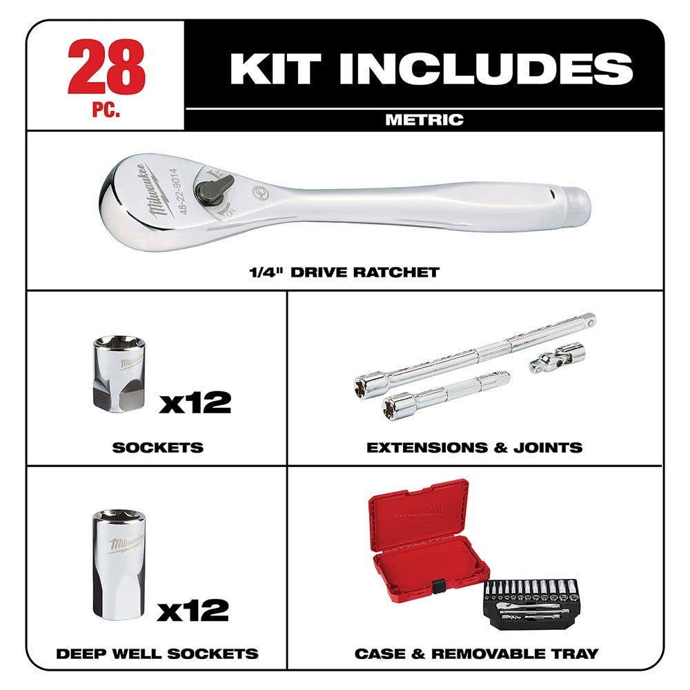 Milwaukee 48-22-9504 1/4" Drive 28 Piece Ratchet & Socket Set - Metric