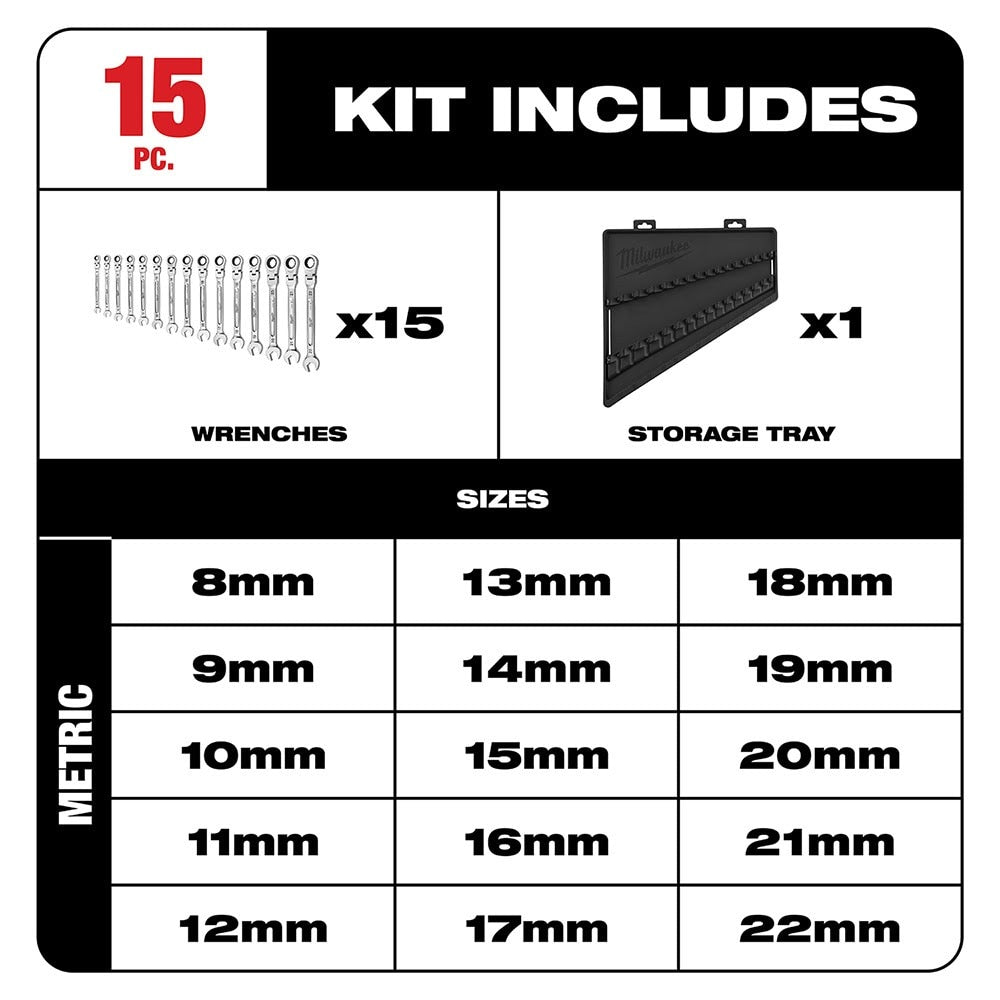 Milwaukee 48-22-9513 15pc Flex Head Ratcheting Wrench Set - Metric
