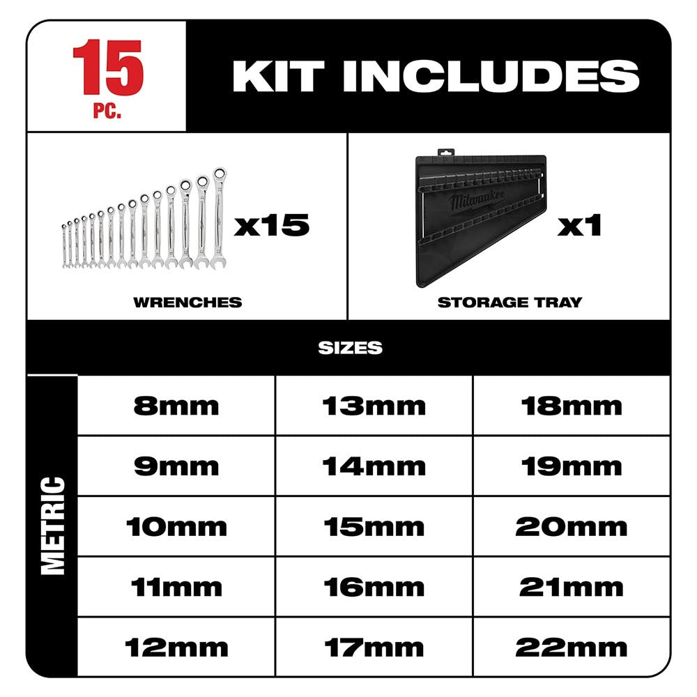 Milwaukee 48-22-9516 15 Piece Ratcheting Combination Wrench Set - Metric