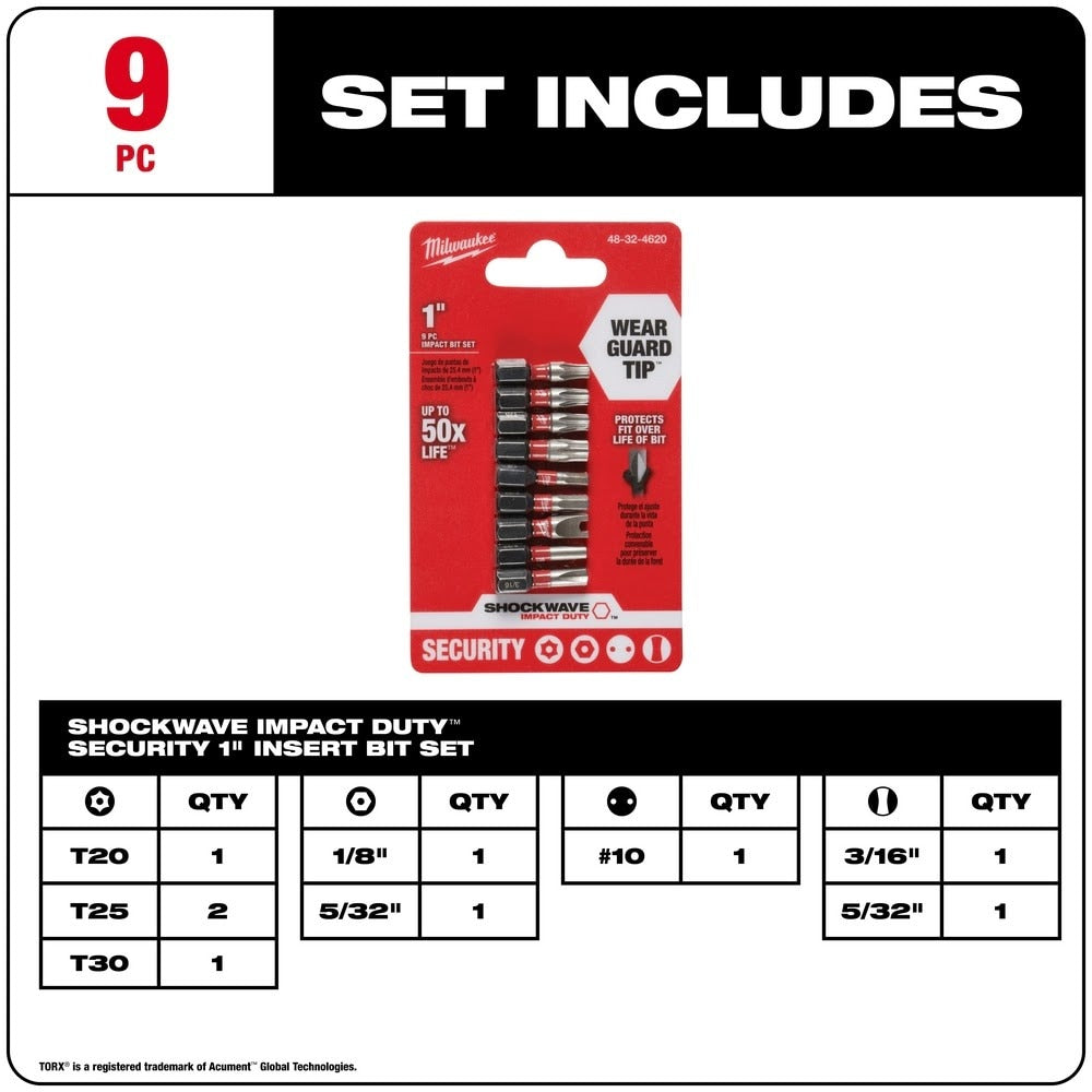 Milwaukee 48-32-4620 SHOCKWAVE 9PC 1" Security Impact Bit Set