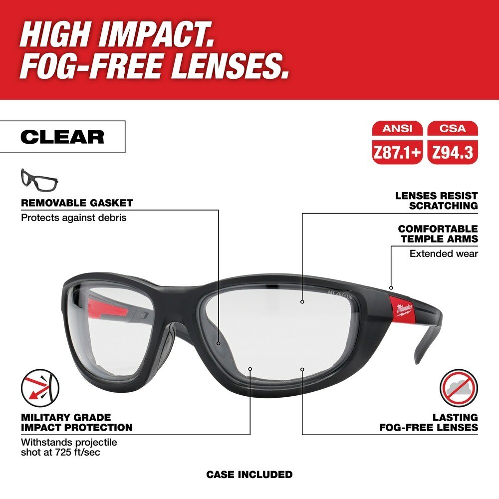 Milwaukee 48-73-2041 Clear High Performance Safety Glasses with Gasket (Polybag)
