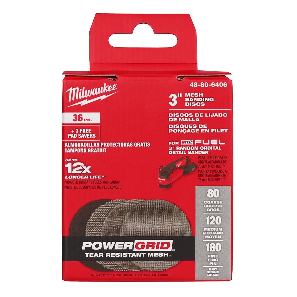 Milwaukee 48-80-6406 3" Assorted 80, 120, 180 Grit Mesh Sanding Discs with POWERGRID Tear Resistant Mesh - 36 pk + 3 Pad Savers