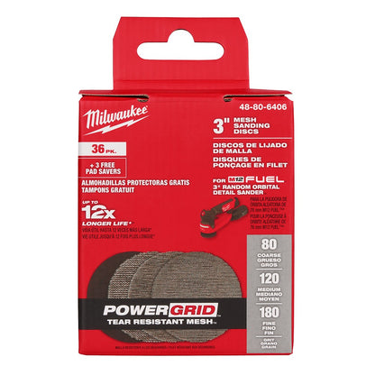 Milwaukee 48-80-6406 3" Assorted 80, 120, 180 Grit Mesh Sanding Discs with POWERGRID Tear Resistant Mesh - 36 pk + 3 Pad Savers