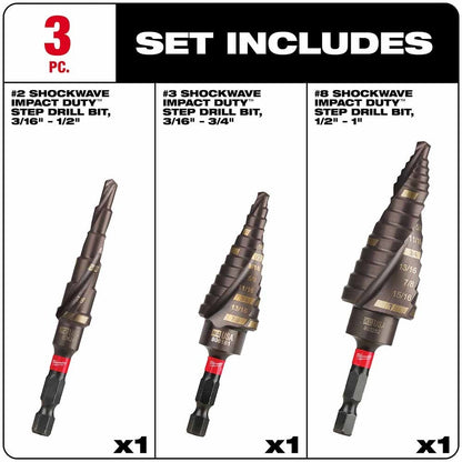 Milwaukee 48-89-9256 SHOCKWAVE Impact Duty Step Bit Mechanical Set (#2, #3, #8)