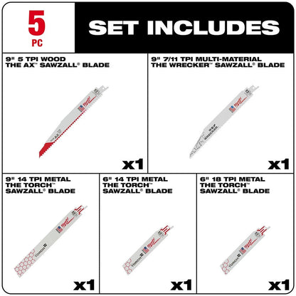 Milwaukee 49-22-1105 5 Piece Demolition Sawzall Blade Set, 6" / 9"