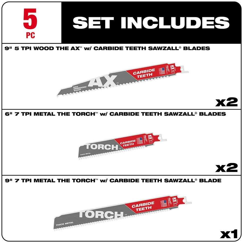Milwaukee 49-22-5505 5pc Carbide Teeth SAWZALL Blade Set