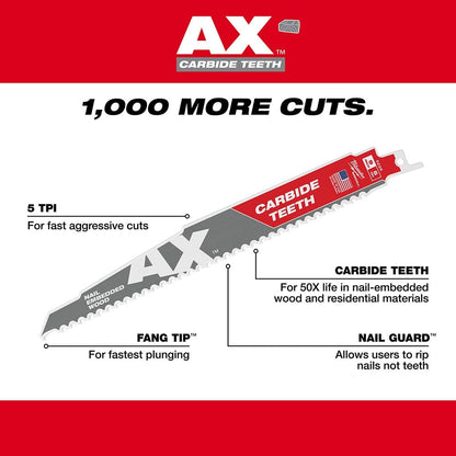 Milwaukee 49-22-5505 5pc Carbide Teeth SAWZALL Blade Set