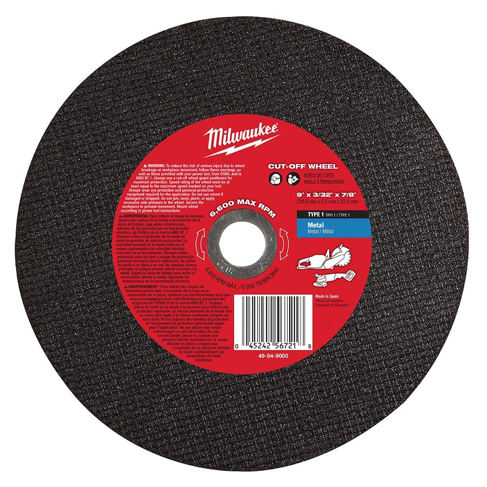 Milwaukee 49-94-9000 9" X 3/32" X 7/8" METAL CUT-OFF WHEEL