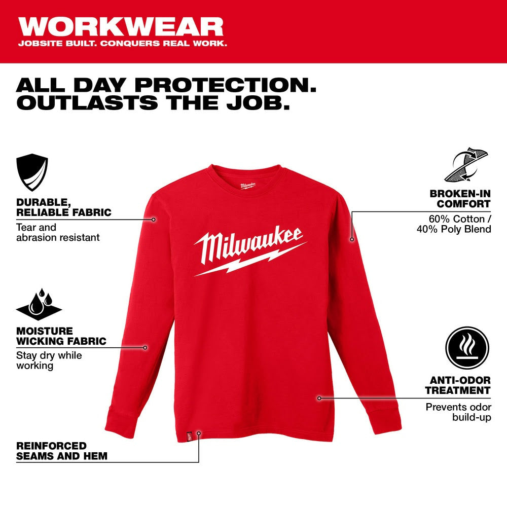 Milwaukee 608R Heavy Duty T-Shirt - Long Sleeve Logo Red