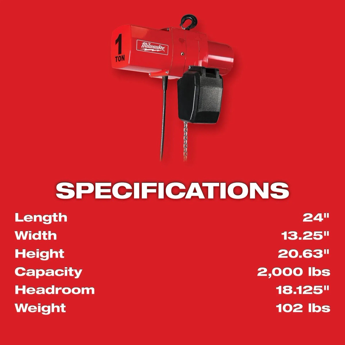 Milwaukee 9566 1 Ton Electric Chain Hoist - 10 ft.