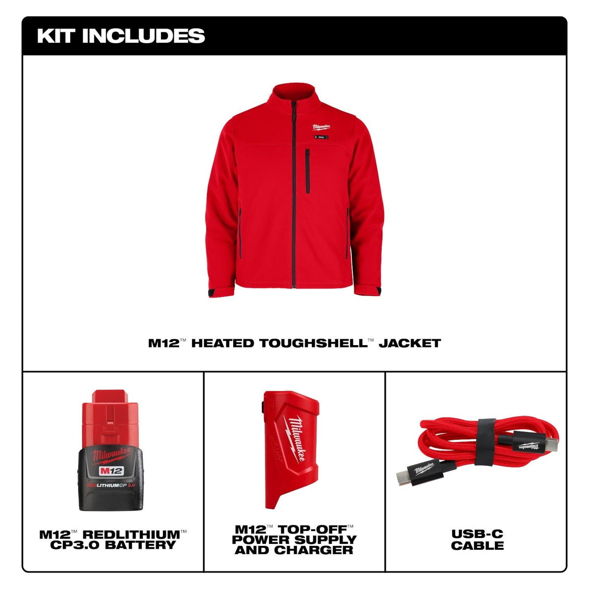 Milwaukee M100R-21 M12 Heated Red Toughshell Jacket with (1) 3.0 Ah Battery and Charger