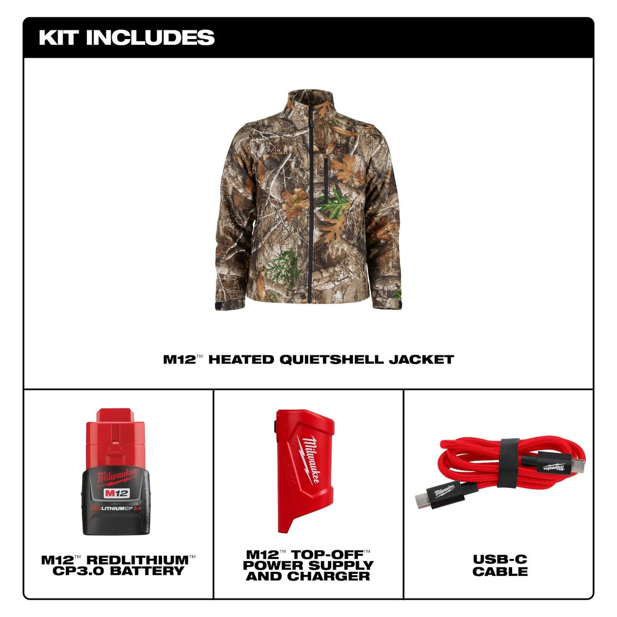 Milwaukee M101C-21 M12 Heated Camo Quietshell Jacket with (1) 3.0 Ah Battery and Charger