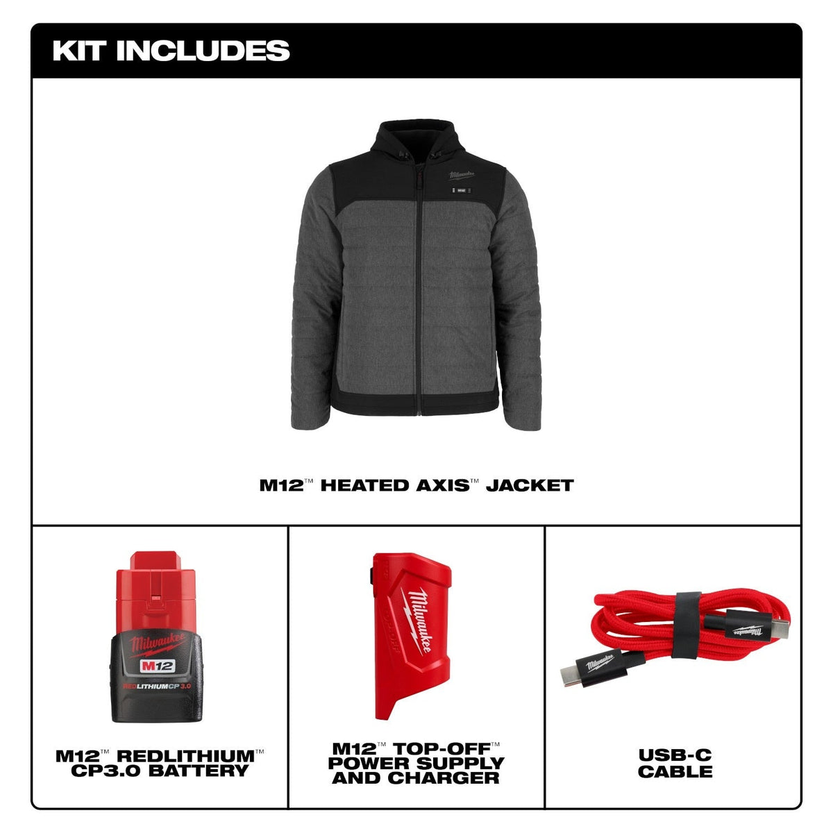 Milwaukee M102G-21 M12 Heated Gray Axis Jacket with (1) 3.0 Ah Battery and Charger