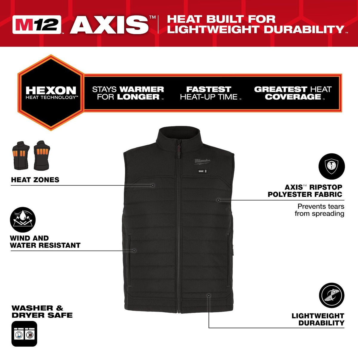 Milwaukee M300B-21 M12 Heated Black Axis Vest with (1) 2.0 Ah Battery and Charger