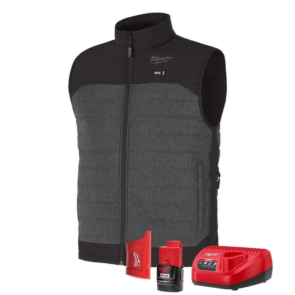 Milwaukee M300G-21 M12 Heated Gray Axis Vest with (1) 2.0 Ah Battery and Charger