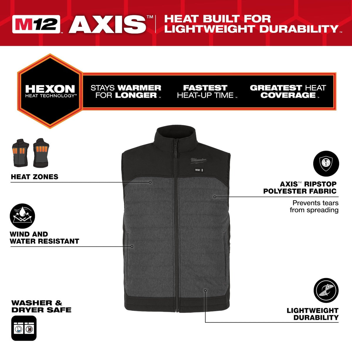 Milwaukee M300G-21 M12 Heated Gray Axis Vest with (1) 2.0 Ah Battery and Charger