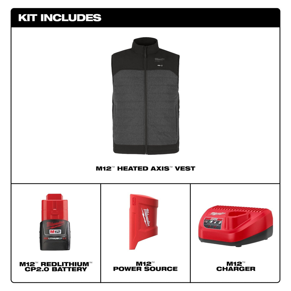Milwaukee M300G-21 M12 Heated Gray Axis Vest with (1) 2.0 Ah Battery and Charger