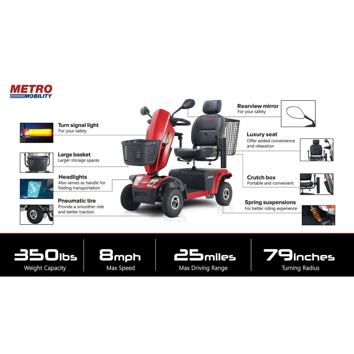Metro Mobility S500 Series 4-Wheel Heavy Duty Travel Mobility Scooter