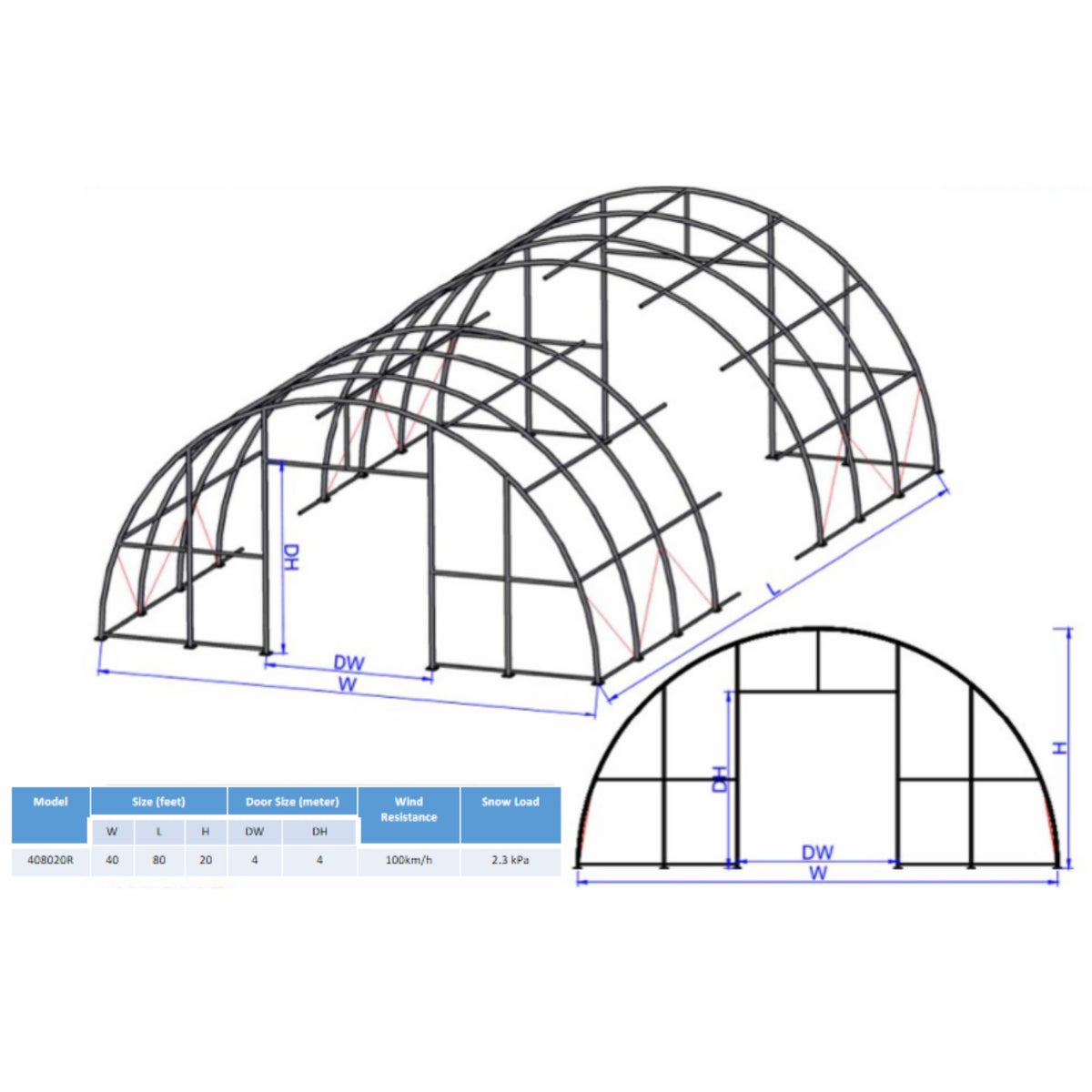 W 40FT x L 80FT x H 20FT Single Truss Arch Storage Shelter