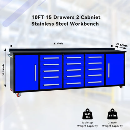 10ft 15-Drawer Storage Workbench with Wheels