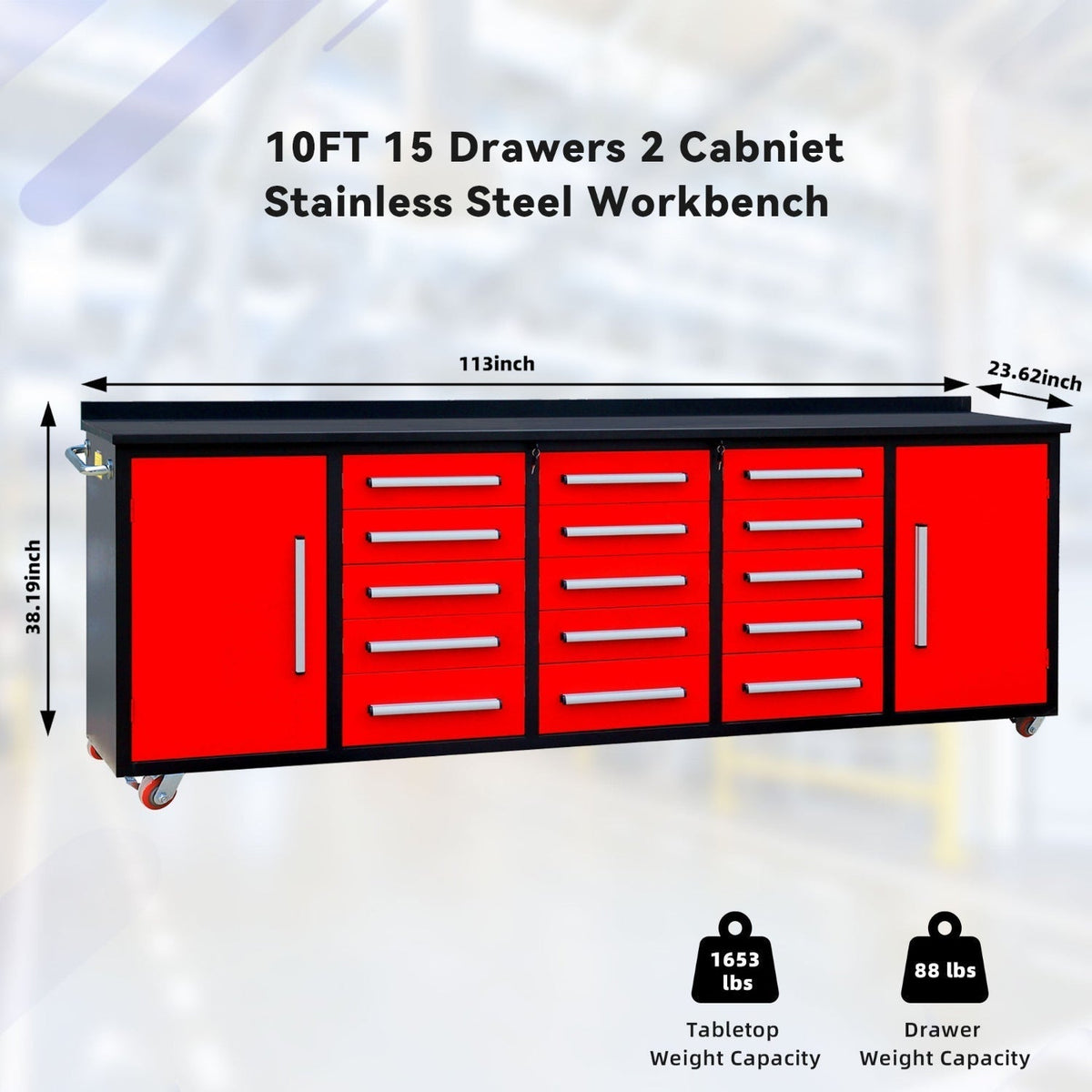 10ft 15-Drawer Storage Workbench with Wheels