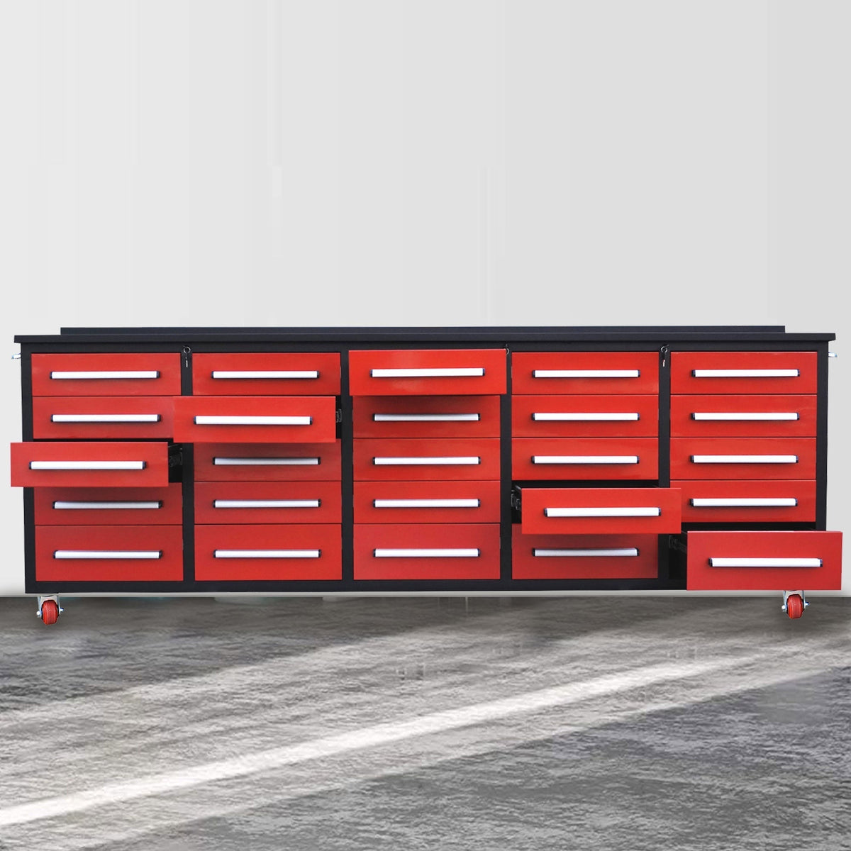 10ft 25-Drawer Storage Workbench with Wheels