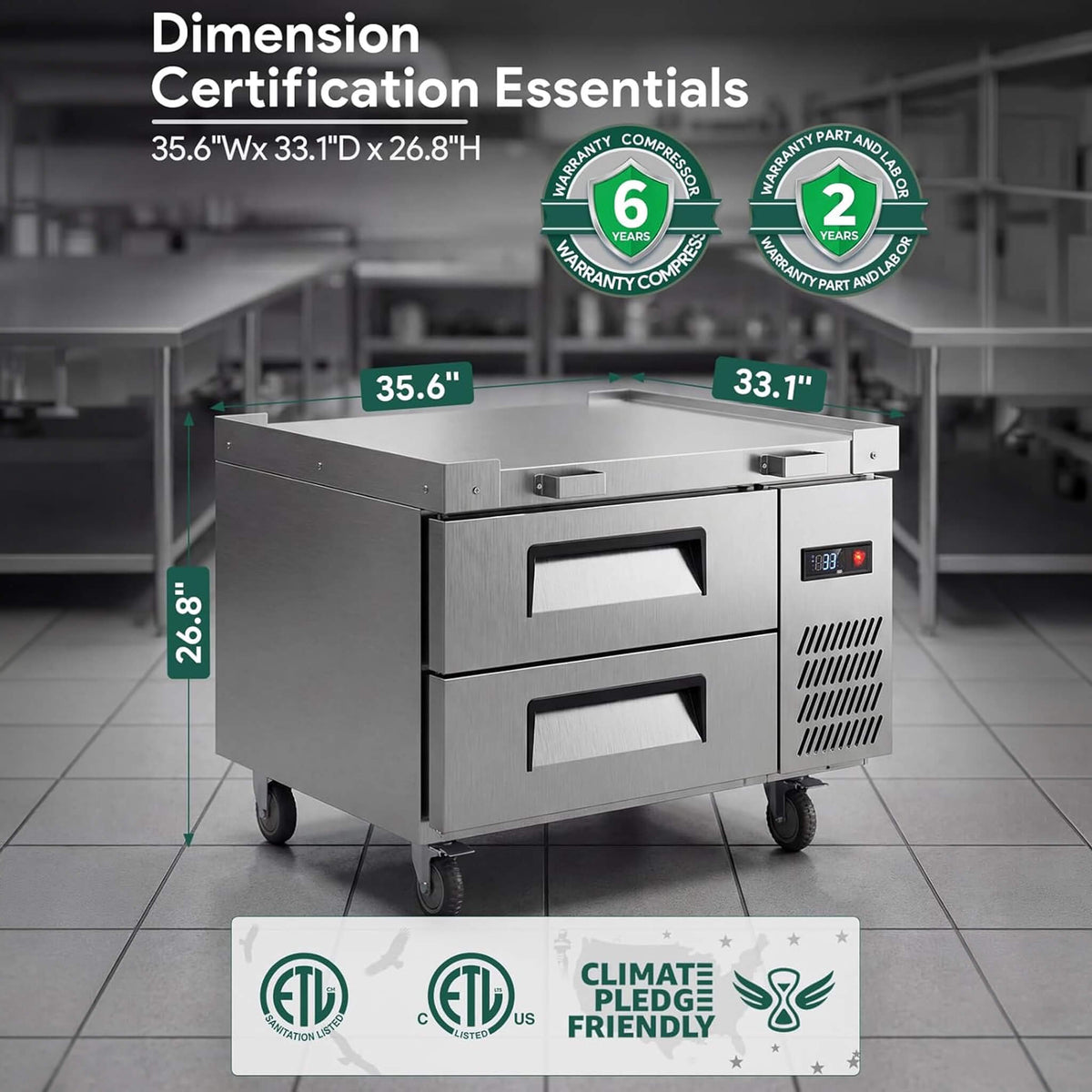 Commercial Double Drawer Undercounter Worktop Fridge with Chef Base and Wheels