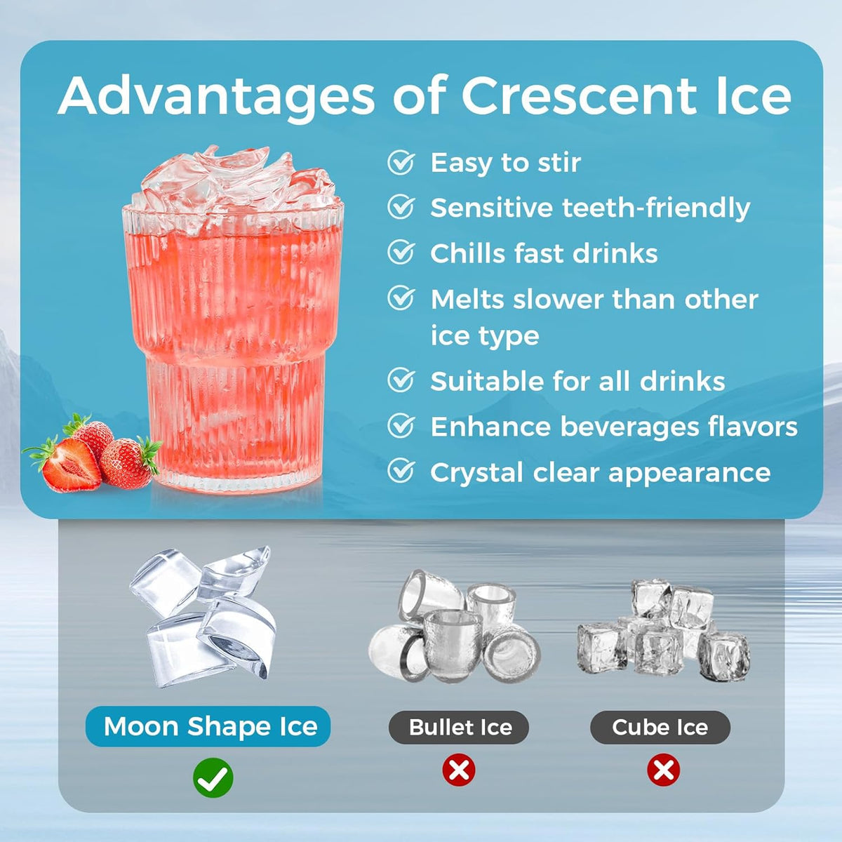 Commercial Ice Maker Machine 100lbs Moon-Shaped Ice Machine with Storage
