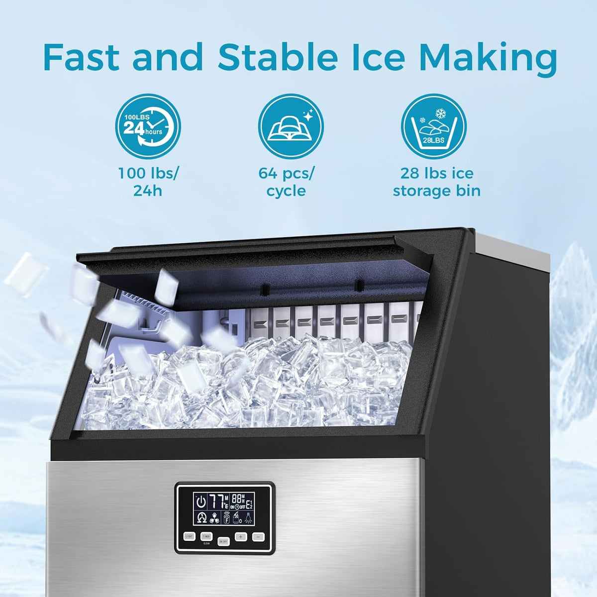Commercial Ice Maker Machine 100lbs Moon-Shaped Ice Machine with Storage