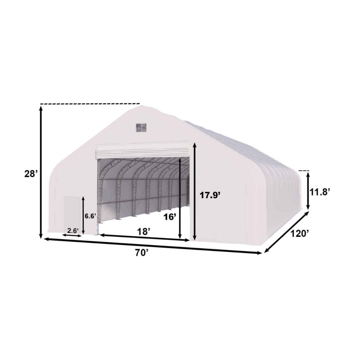 W 70FT x L 120FT x H 28FT Double Truss Storage Shelter
