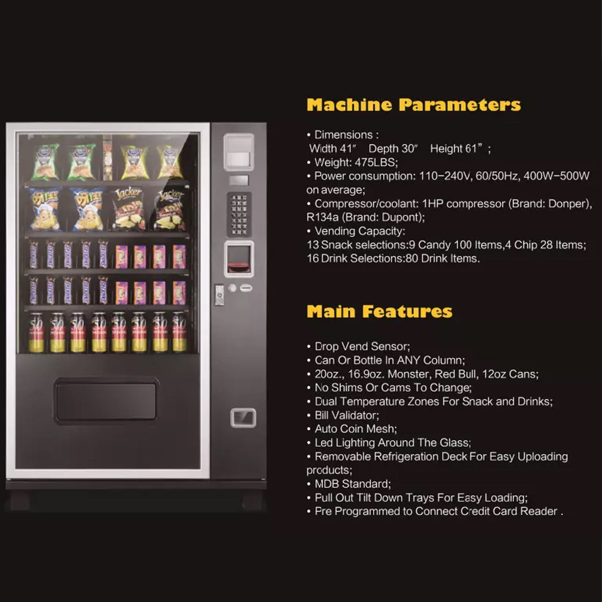 Epx 5FT Snacks And Drinks Combo Vending Machine With Dual Zone Refrigeration And Bill Acceptor
