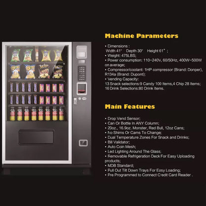 Epx 5FT Snacks And Drinks Combo Vending Machine With Dual Zone Refrigeration And Bill Acceptor