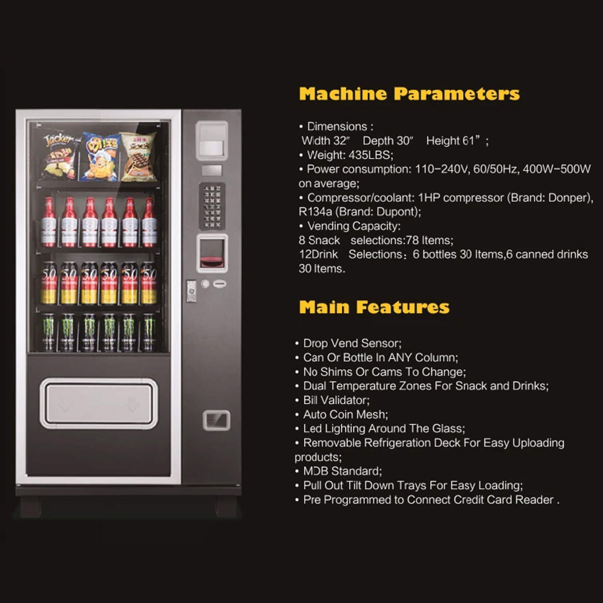 Epx 5FT Snacks And Drinks Combo Vending Machine With Refrigeration and Bill Acceptor