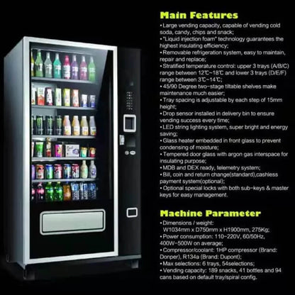 Epx Large 6FT Snacks And Drinks Combo Vending Machine With Dual Zone Refrigeration And Bill Acceptor
