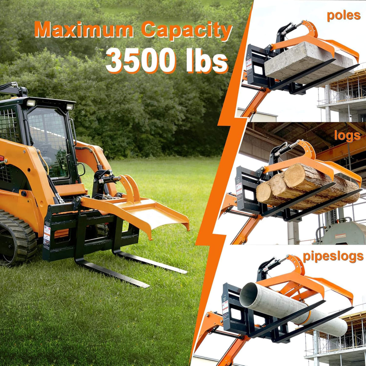 Heavy-Duty Fork Grapple Skid Steer Attachment with Universal Quick Attach