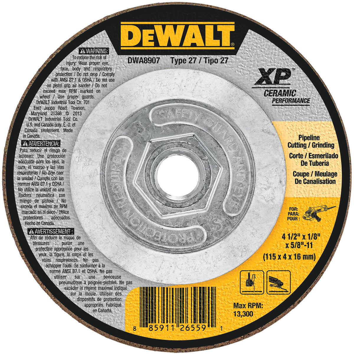 DeWalt DWA8907 4-1/2" X 1/8" X 5/8"-11 Pipeline Ceramic Abrasive Grinding Disk