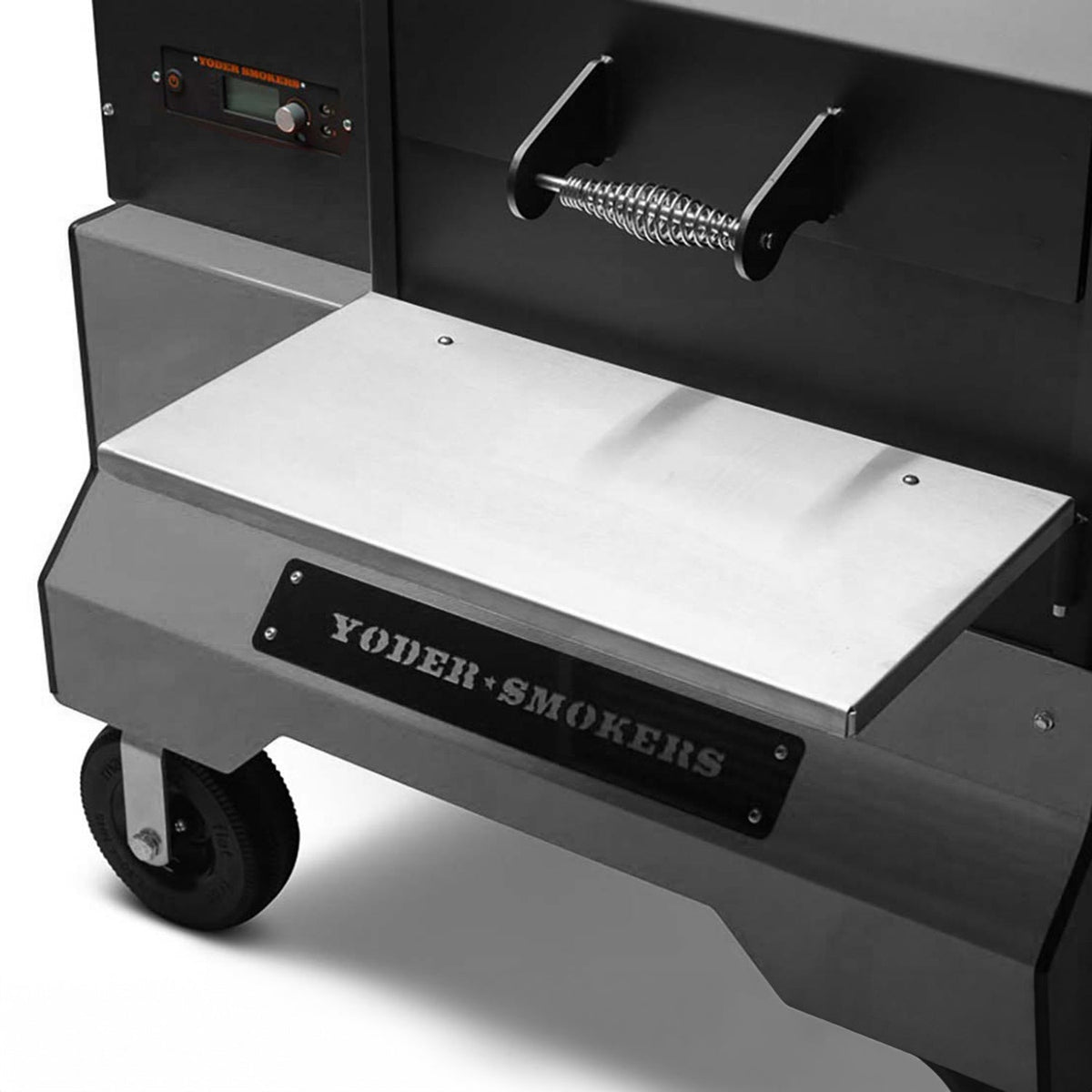 Yoder Smokers YS640s Pellet Grill on Competition Cart (Silver) + T-Stat Door Kit & Stainless Side Shelves